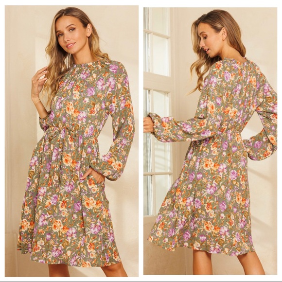 Gypsy Boho Chic Floral Pattern Long Sleeve Mini Dress - Picture 4 of 5